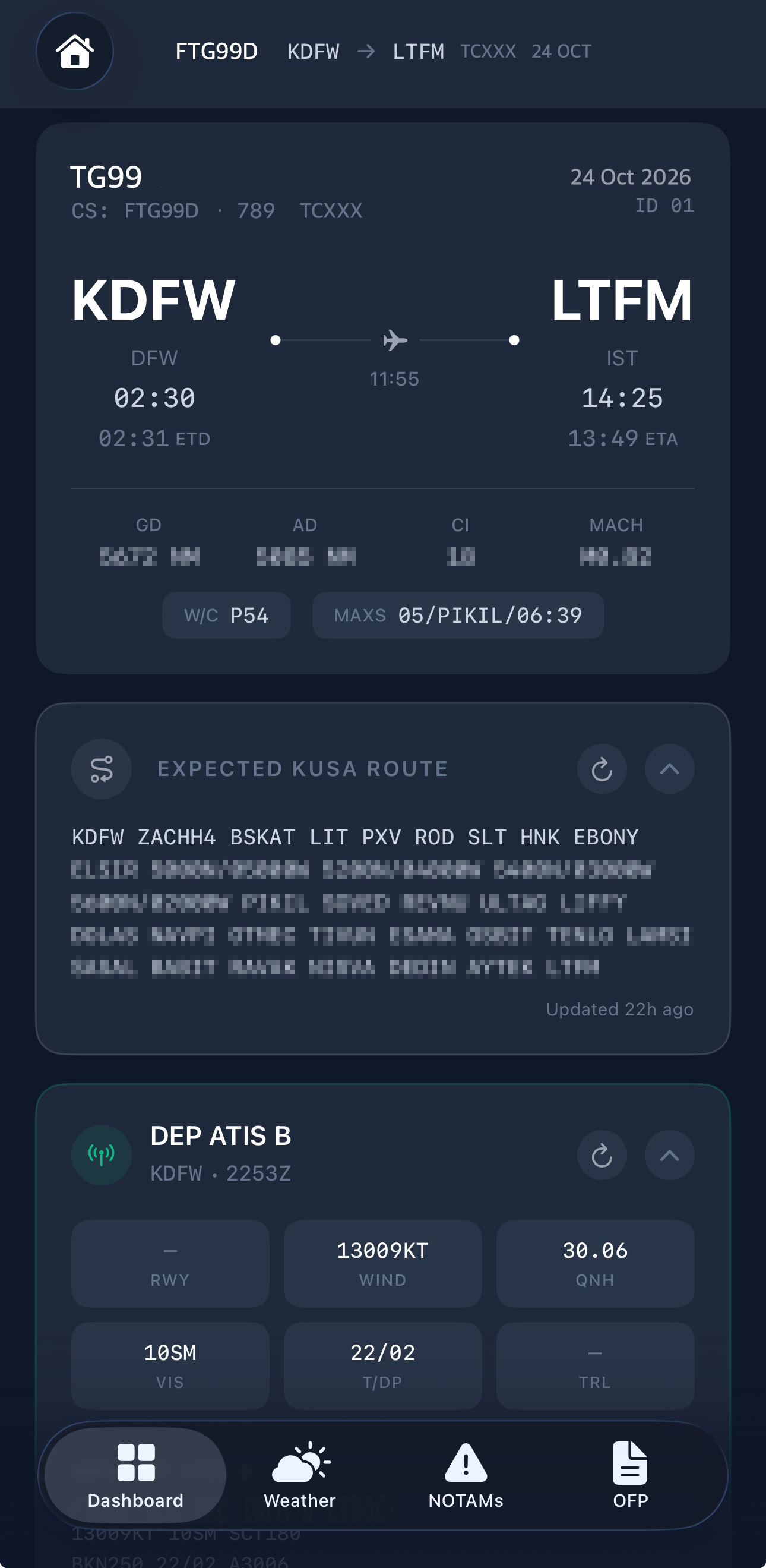 Self Dispatch Dashboard showing flight route with fuel data, route, and ATIS information