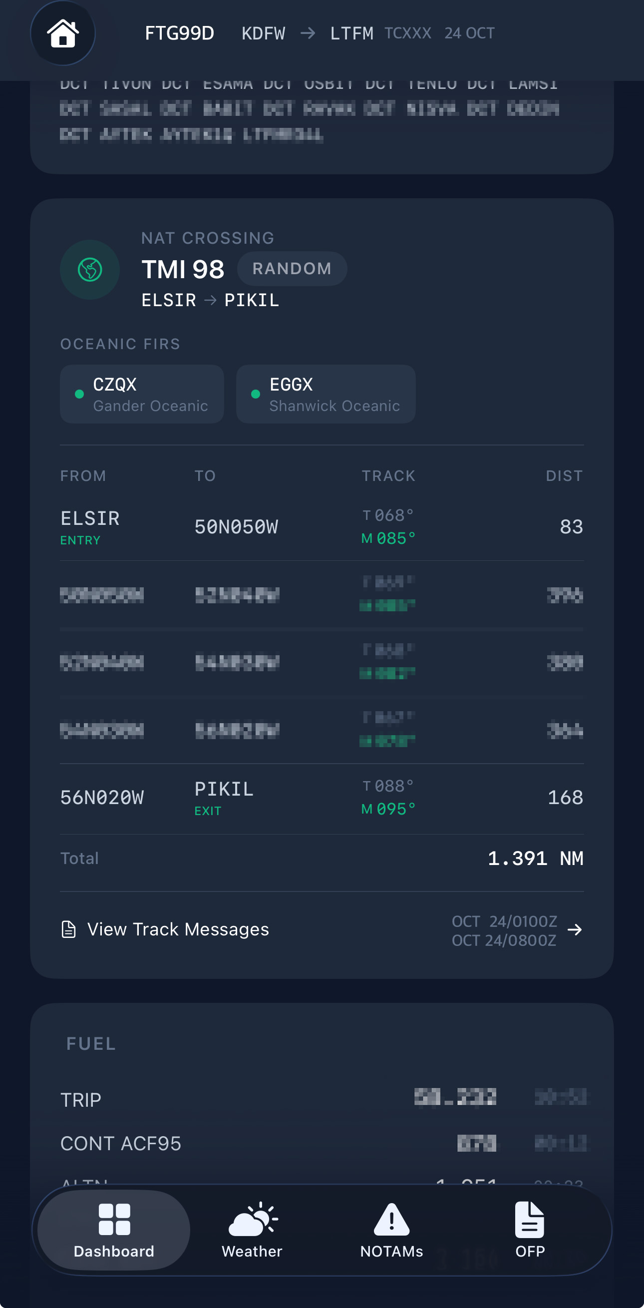NAT crossing details with oceanic FIRs, track data, and fuel breakdown