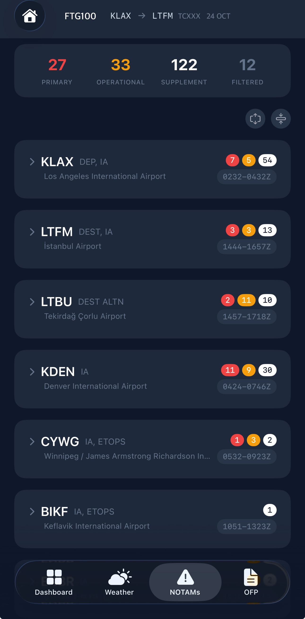 NOTAM classification view with color-coded categories per airport